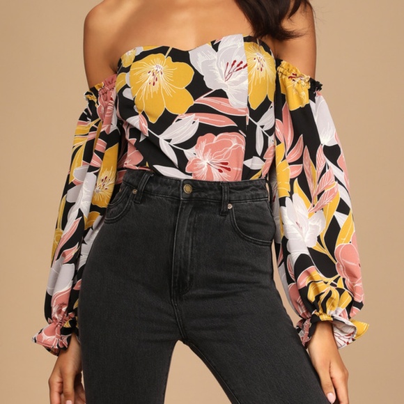 Lulus Bring The Blossom Black Floral Print Off-the-shoulder Bodysuit - Size M - Picture 1 of 5